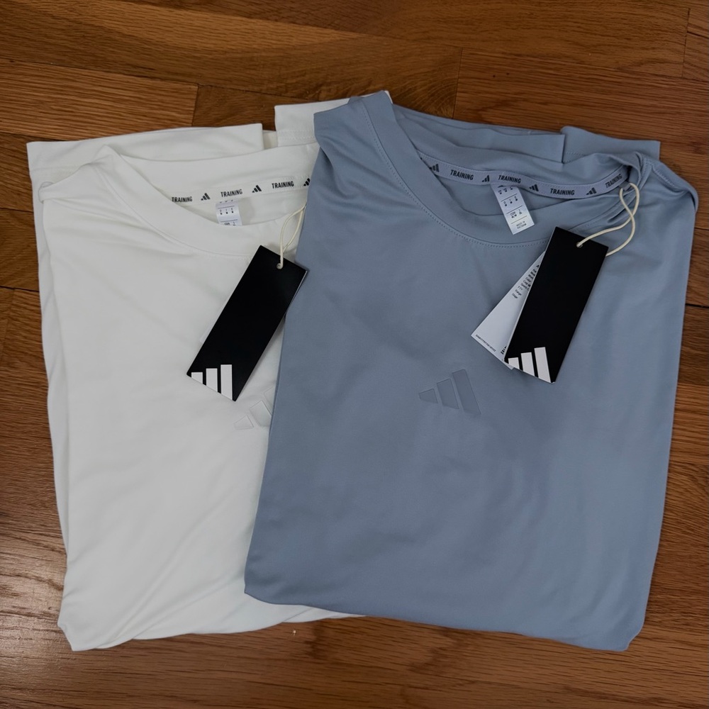 2 Adidas Men's Buttery Soft Off White and Blue Gray Short Sleeve Tees